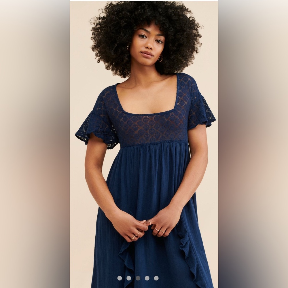 Free People Bring the Romance Navy Maxi Dress, Ruffle Trim, lace bust and hem - Picture 3 of 10